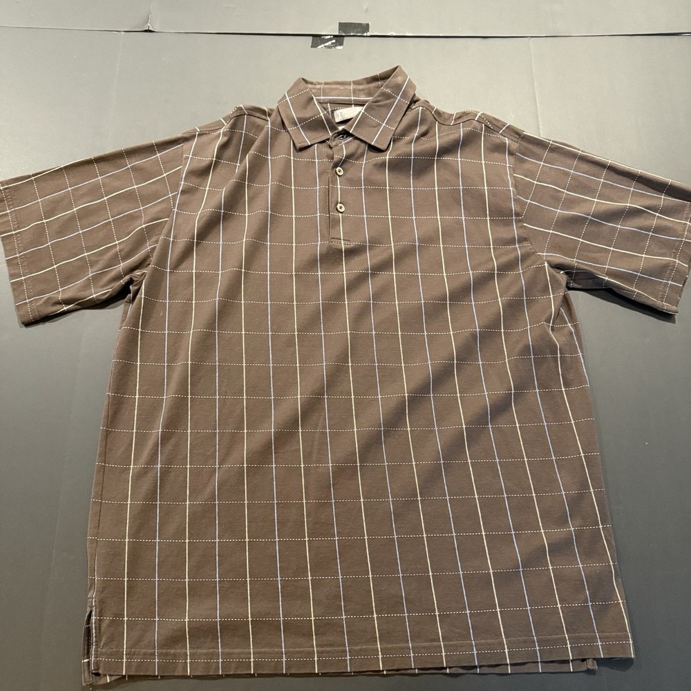 Daniel Cremieux Polo Shirt Men Large Brown Blue Check Golfer Golfing Lightweight